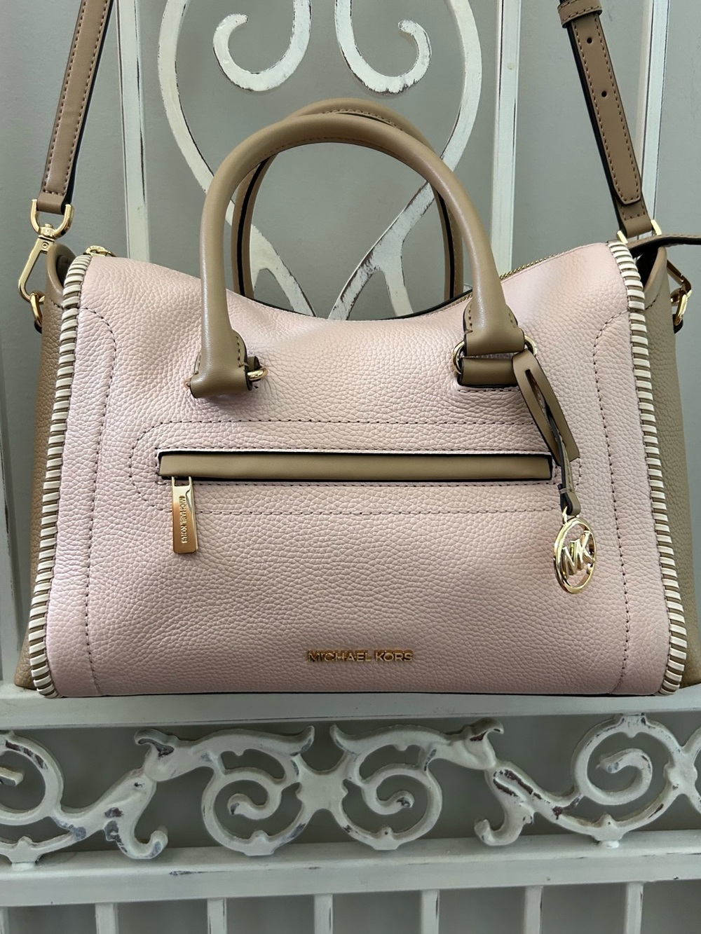 Michael Kors Mercer Gallery Medium Satchel Blush Pink & Taupe Leather Crossbody